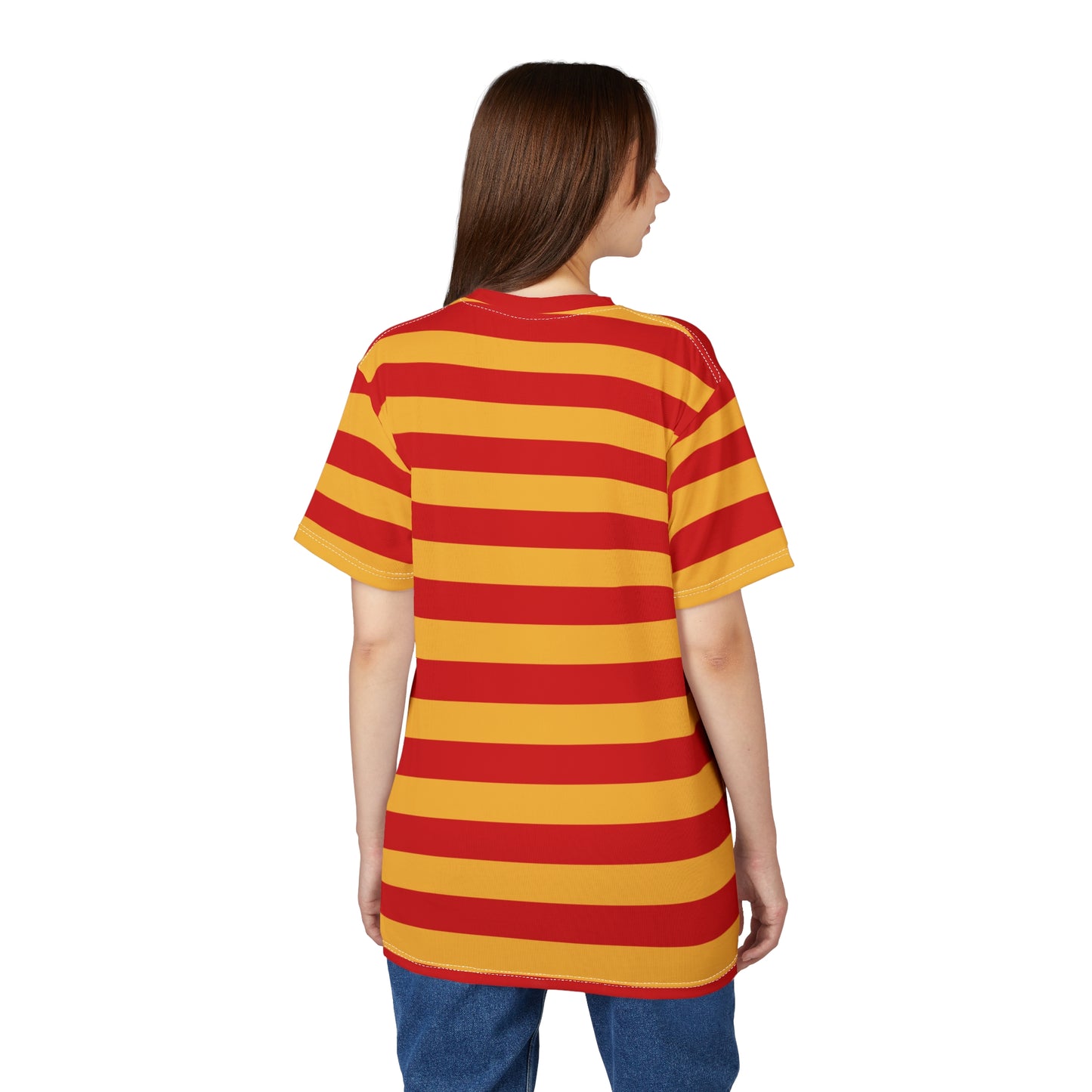 Red and Yellow Striped Tshirt, Stripe Designer Aesthetic Lightweight Heavyweight Crewneck Men Women Tee Top Short Sleeve Shirt - Starcove Fashion
