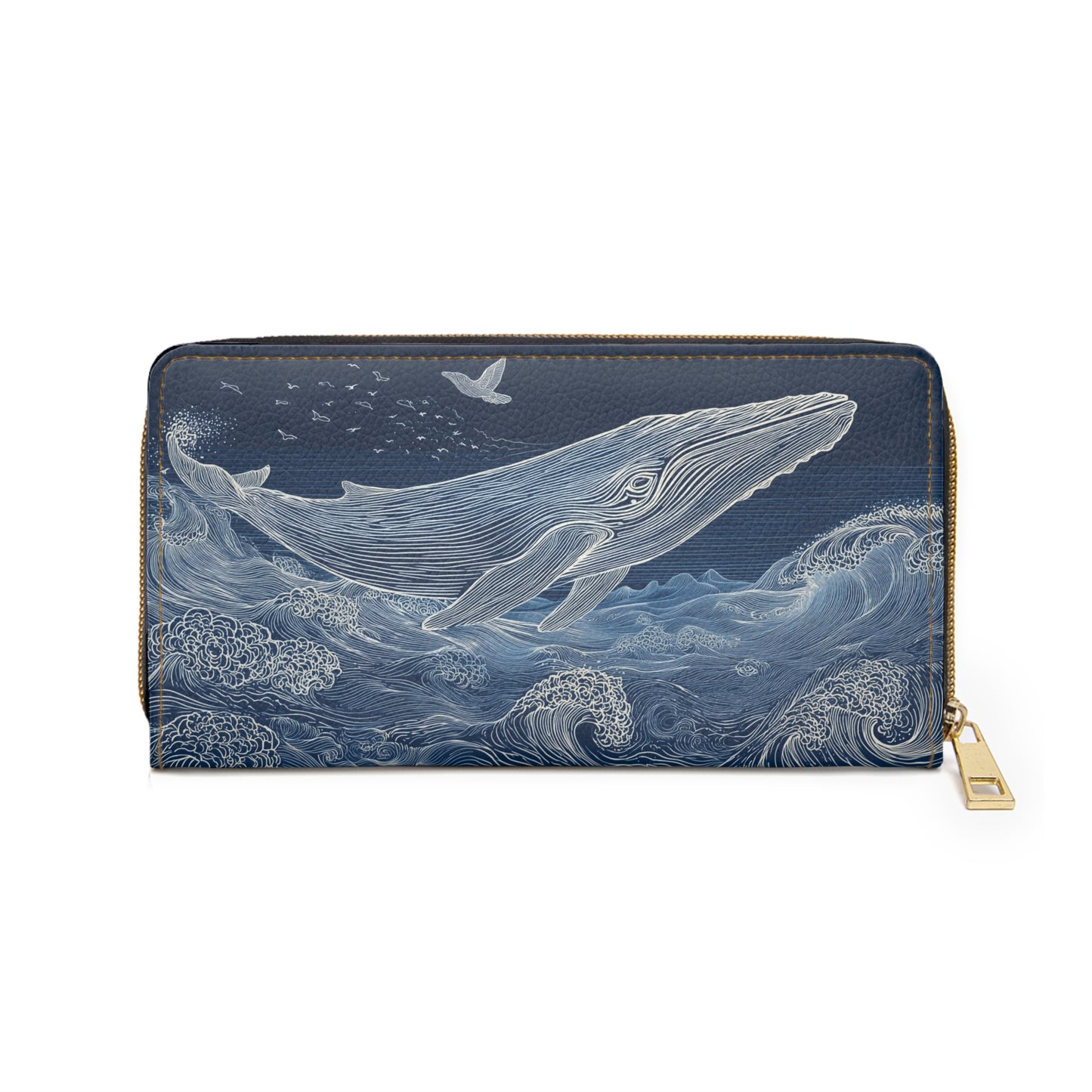 Blue Whale Leather Wallet Women, Ocean Japanese Waves Sea Vegan Zipper Zip Around Coins Credit Cards Pocket Cash Ladies Pouch Clutch Purse