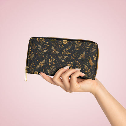 Bee Floral Leather Wallet Women, Honeycomb Flowers Vegan Zipper Zip Around Coins Credit Cards Pocket Cash Ladies Female Pouch Slim Purse