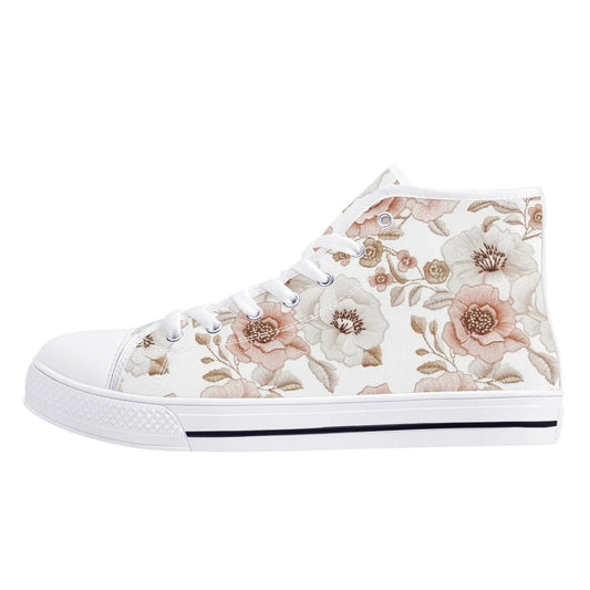 Blush Ivory Floral Women High Top Shoes, Flowers Flowery Bridal Flat White Lace Up Sneakers Footwear Canvas Ladies Trainers Designer Gift