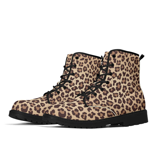 Leopard Men Leather Boots, Animal Cheetah Print Vegan Lace Up Shoes Hiking Festival Black Ankle Combat Work Winter Waterproof Guys Male