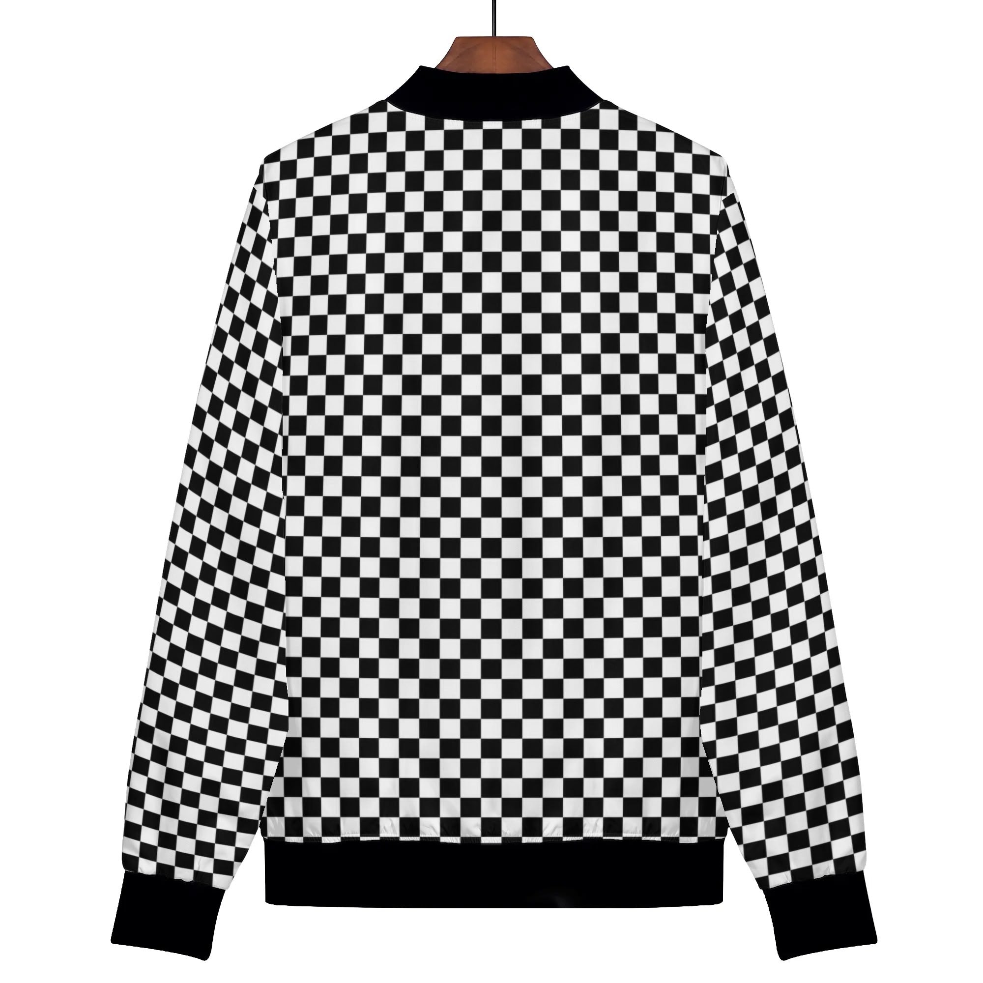 Checkered Women Bomber Jacket, Racing Black White Check