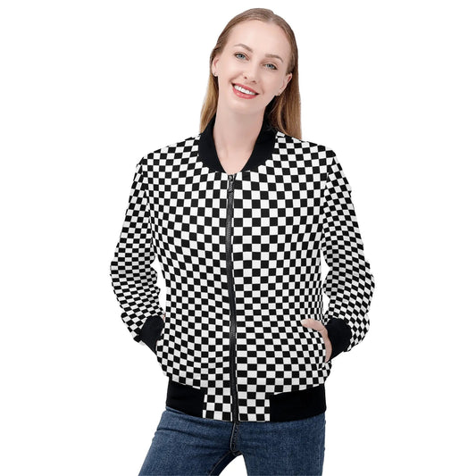 Checkered Women Bomber Jacket, Racing Black White Check Ladies Female Zip Up Streetwear Winter Vintage Varsity Warm Designer Coat Plus Size - Starcove Fashion