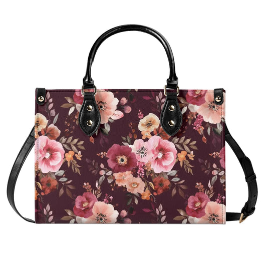 Burgundy Floral Shoulder Purse, Flowers Pink Vintage Crossbody Vegan Leather Top Handle Handbag Print Small Large Bag Women Ladies Designer - Starcove Fashion