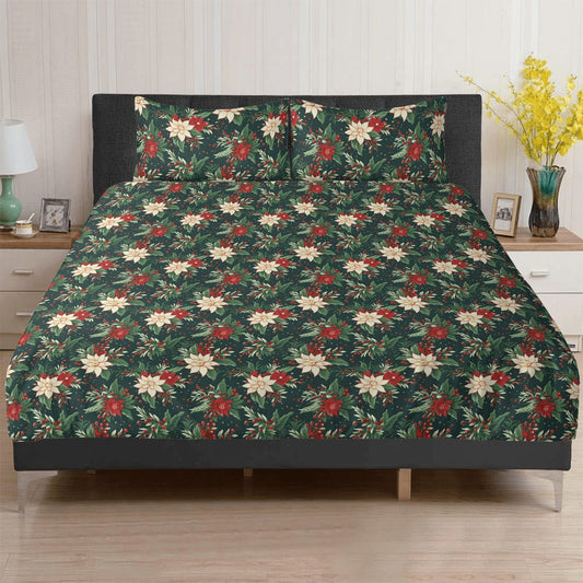 Christmas Flowers Bedding Set (3pcs), Green Red One Duvet Cover and Two Pillow Covers California King Queen Full Twin Size Bed Bedroom Decor