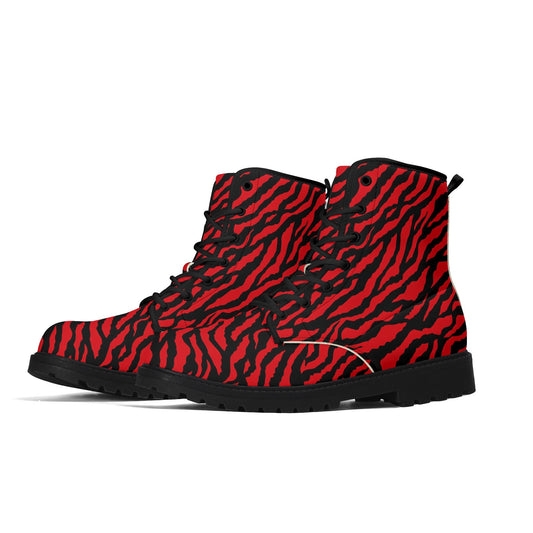Red Black Tiger Stripes Men Leather Boots, Animal Vegan Lace Up Shoes Hiking Festival Black Ankle Combat Work Winter Waterproof Guys Male