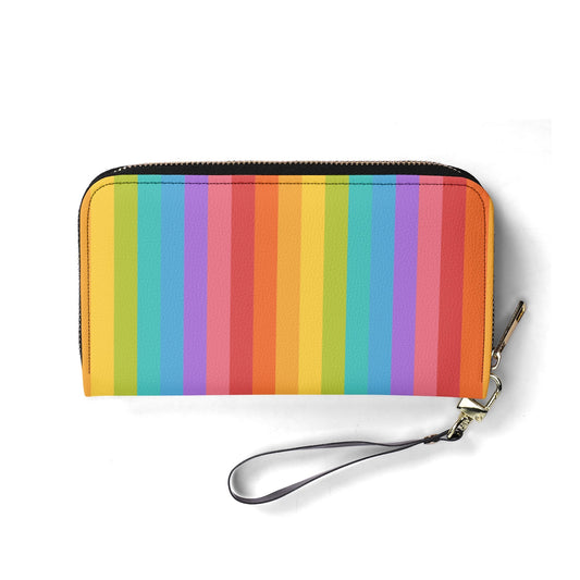 Rainbow Wallet Wristlet Women, Colorful Striped Designer Cute Female Clutch Purse Print Vegan Leather Coin Pockets Zipper Strap Pouch Ladies