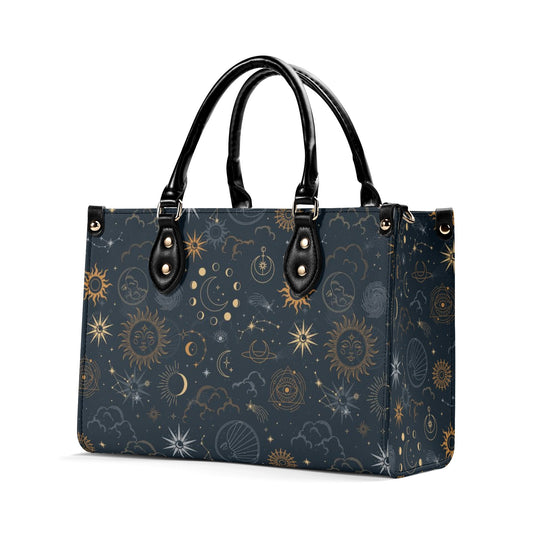 Sun Moon Stars Shoulder Purse, Celestial Space Galaxy Crossbody Vegan Leather Top Handle Handbag Print Small Large Bag Women Ladies Designer - Starcove Fashion