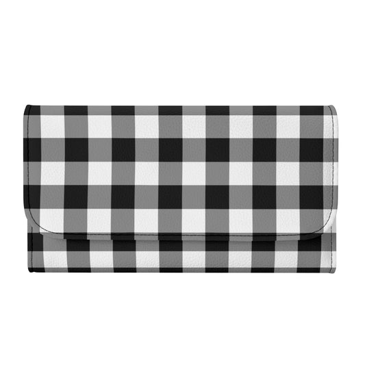 Buffalo Plaid Women Wallet, Black White Check Faux Leather Trifold Long Clutch Ladies Female Credit Cards Coins Cash Large Zipper Pocket