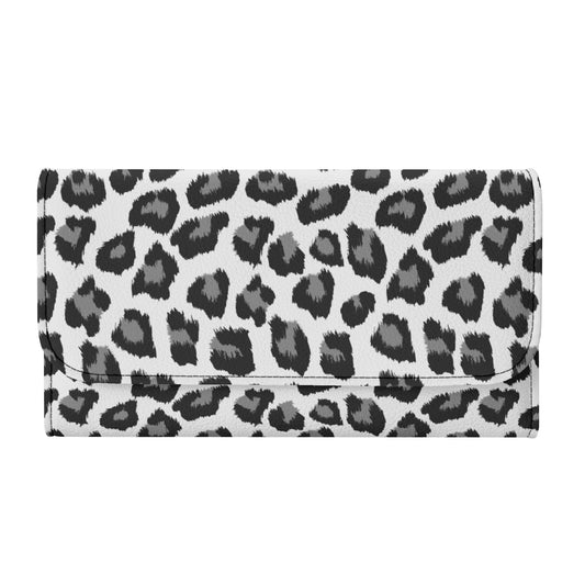 Snow Leopard Women Wallet, Black White Animal Print Faux Leather Trifold Long Clutch Ladies Credit Cards Coins Cash Large Zipper Pocket