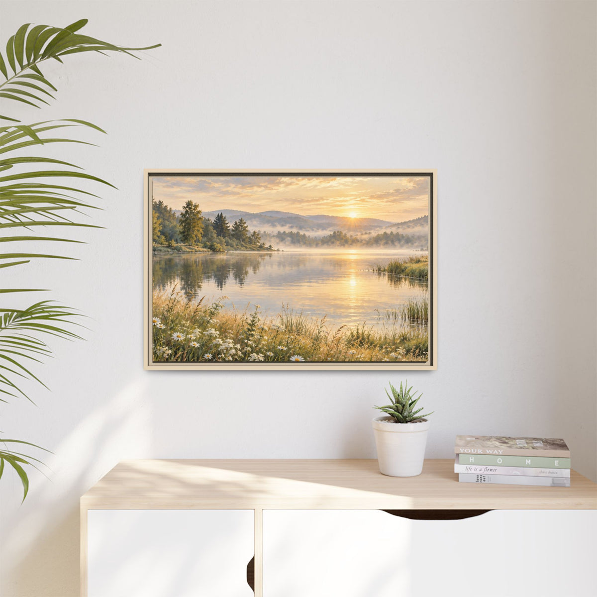 Misty Meadow Lake Wood Framed Canvas, Wildflower Farmhouse Wall Art Print Artwork Decor Small Large Hanging Matte Landscape Square Poster