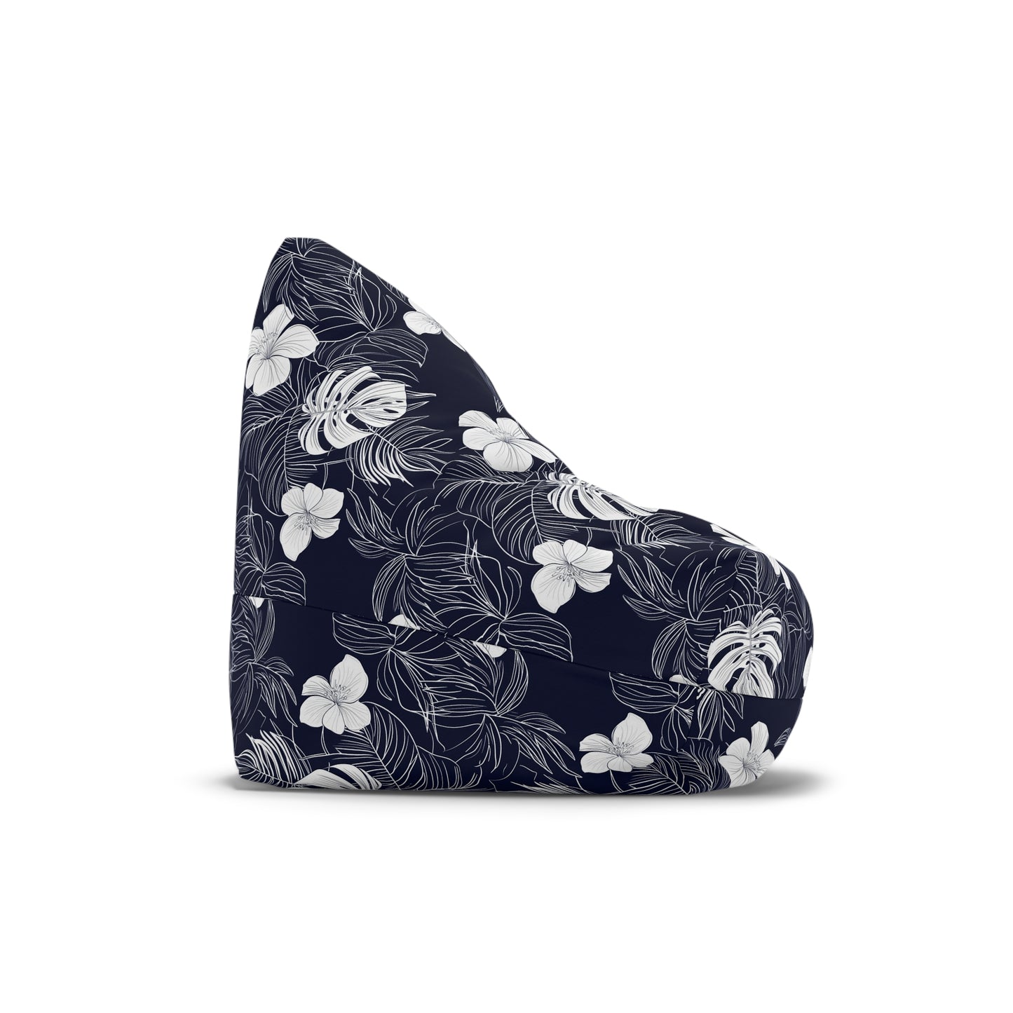 Navy Blue Tropical Bean Bag Chair Cover, Hibiscus Floral White Washable Triangle Small Large Adult Children Kids Sofa Dorm Unfilled Sack