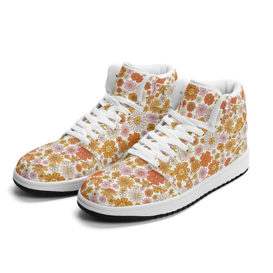 Pink Floral Women High Top Leather Shoes, Retro Vintage Flowers Lace Up Sneakers Footwear Vegan Streetwear Ladies White Trainers Designer