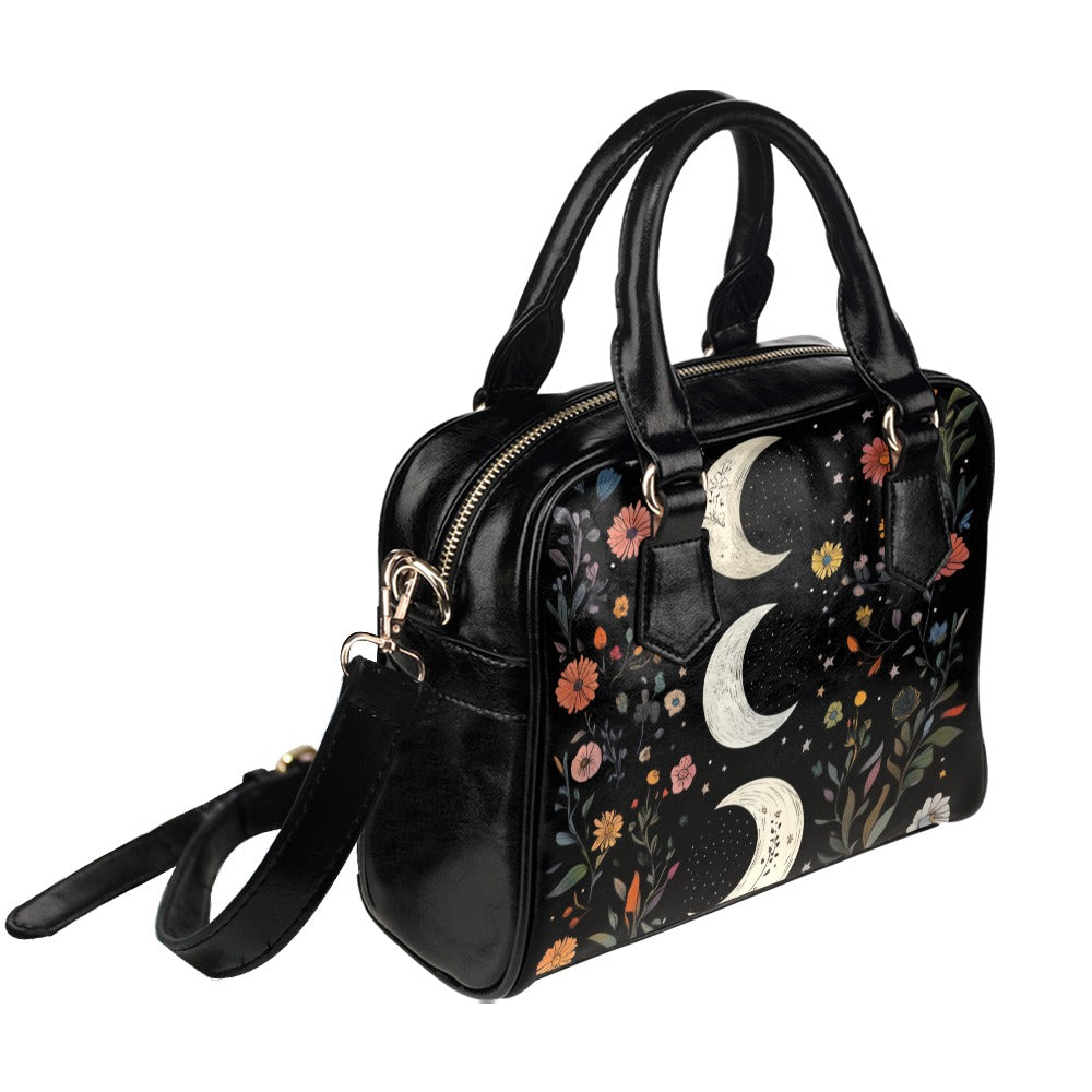 Moon Celestial Purse, Stars Constellation Space Black Floral Flowers Small Shoulder Zip Bag Vegan Leather Women Designer Crossbody Handbag
