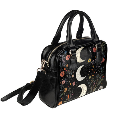 Moon Celestial Purse, Stars Constellation Space Black Floral Flowers Small Shoulder Zip Bag Vegan Leather Women Designer Crossbody Handbag