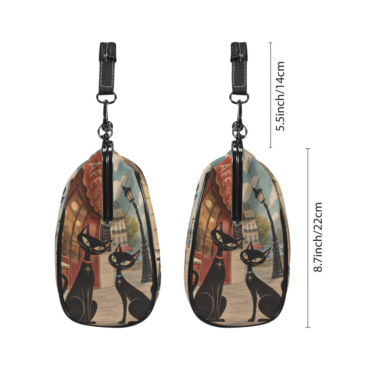 Mid Century Modern Cats Kiss Lock Purse Handbag, Paris Dark Print Vegan Leather Vintage Designer Shoulder Crossbody Top Handle Clasp Bag