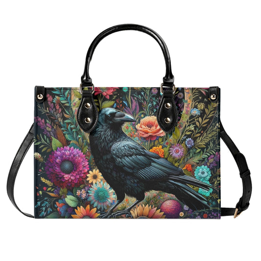 Black Crow Shoulder Purse,  Floral Wildflowers Crossbody Vegan Leather Top Handle Handbag Print Small Large Bag Women Ladies Designer Tote