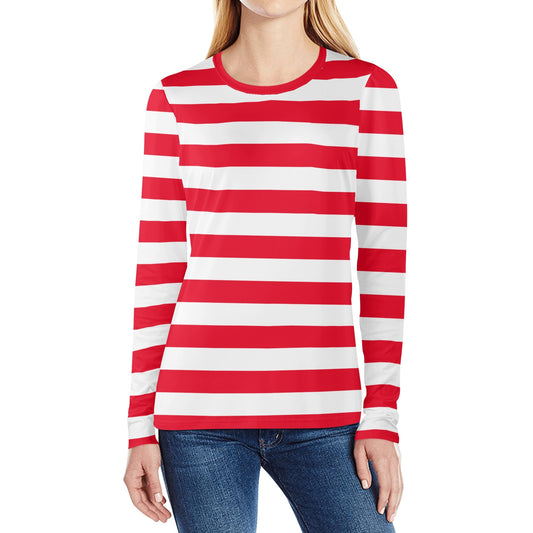 Red and White Striped Women Long Sleeve Tshirt, Stripes Designer Graphic Aesthetic Crew Neck Ladies Female Tee Top Adult Shirt