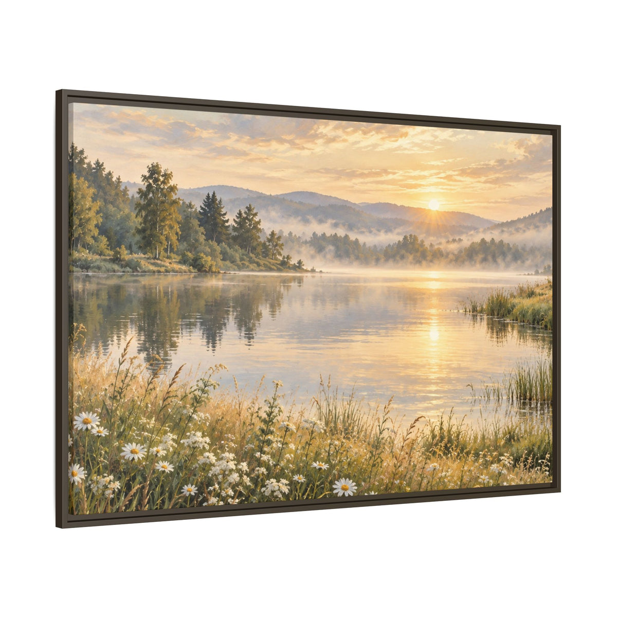 Misty Meadow Lake Wood Framed Canvas, Wildflower Farmhouse Wall Art Print Artwork Decor Small Large Hanging Matte Landscape Square Poster