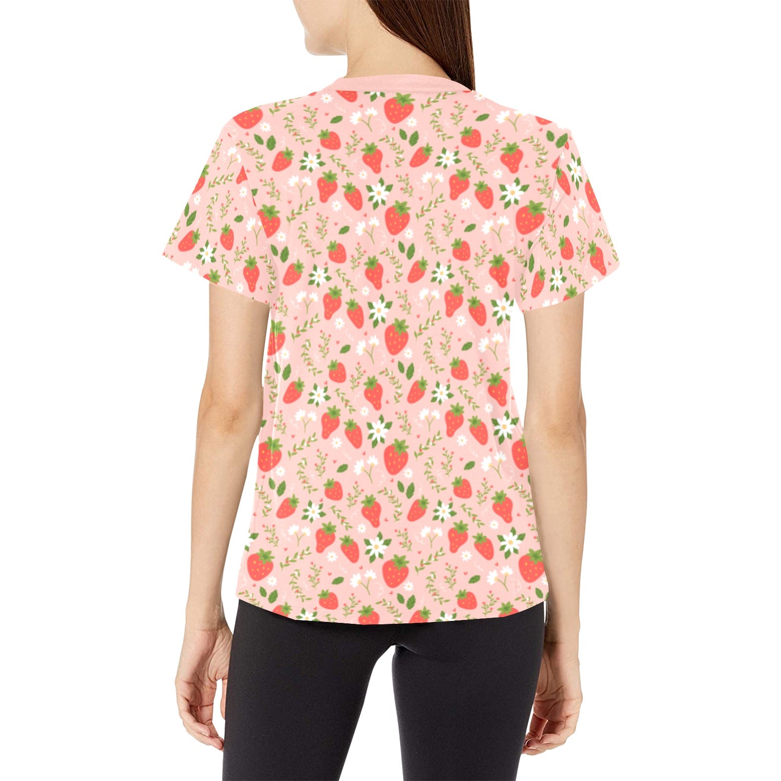 Pink Strawberry Women Tshirt, Flowers Floral Fruit Ladies Female Designer Adult Graphic Aesthetic Fashion Crewneck Tee Shirt Plus Size Top - Starcove Fashion