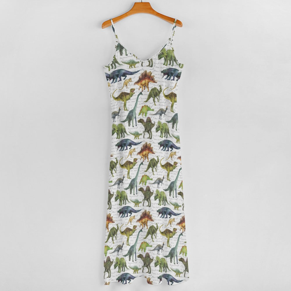 Dinosaur Maxi Dress, Dino Trex Long Spaghetti Straps Women Sleeveless Casual Cute Designer Elegant Plus Size Cocktail Party Summer