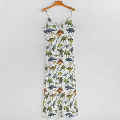Dinosaur Maxi Dress, Dino Trex Long Spaghetti Straps Women Sleeveless Casual Cute Designer Elegant Plus Size Cocktail Party Summer