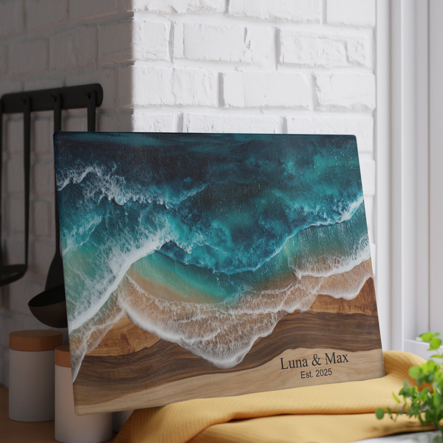 Personalized Glass Cutting Board, Custom Anniversary Coastal Wood Epoxy Charcuterie Chopping Tempered Small Large Kitchen Ocean Couples