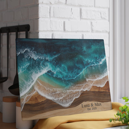 Personalized Glass Cutting Board, Custom Anniversary Coastal Wood Epoxy Charcuterie Chopping Tempered Small Large Kitchen Ocean Couples