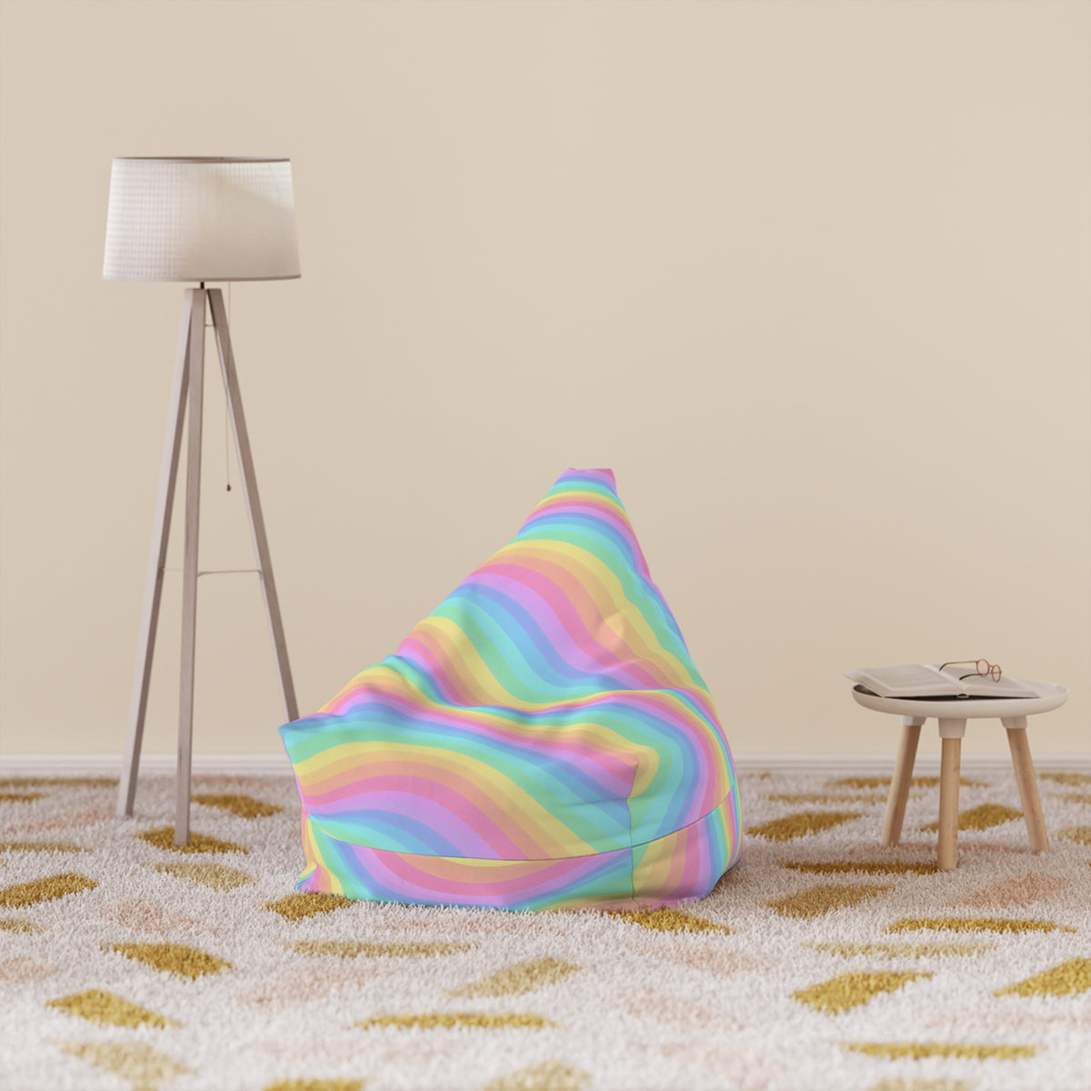 Rainbow Bean Bag Chair Cover, Pastel Wavy Stripes Washable Triangle Furniture Small Large Adult Children Kids Playroom Apartment Dorm Decor