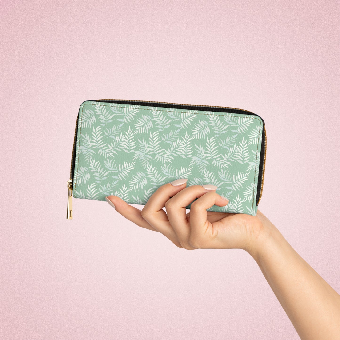 Mint Green Leather Wallet Women, Palm Tree Leaf Vegan Zipper Zip Around Coins Credit Cards Pocket Cash Ladies Female Pouch Slim Clutch Purse