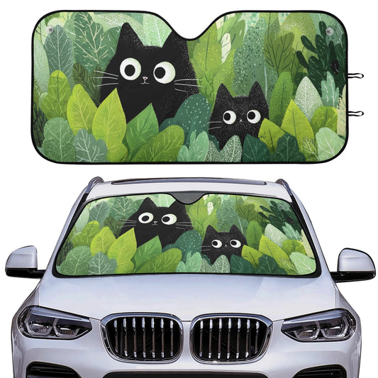 Black Cats Car Sun Shade, Green Forest Plants Cute Anime Front Windshield Blocker Auto Protector Window Visor Screen Cover Shield SUV Truck