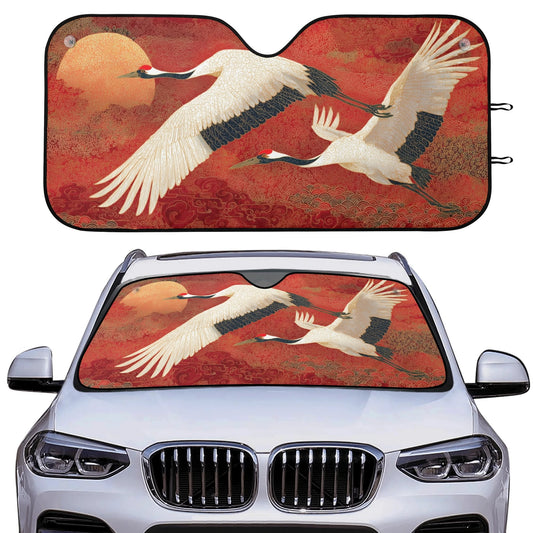 Cranes Red Car Sun Shade, Sun Chinese Birds Front Windshield Coverings Blocker Auto Protector Window Visor Screen Shield Men Women SUV Truck - Starcove Fashion