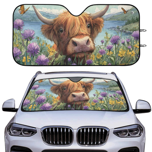 Highland Cow Car Sun Shade, Floral Lake Western Front Windshield Coverings Blocker Auto Protector Window Visor Screen Cover Shield SUV Truck