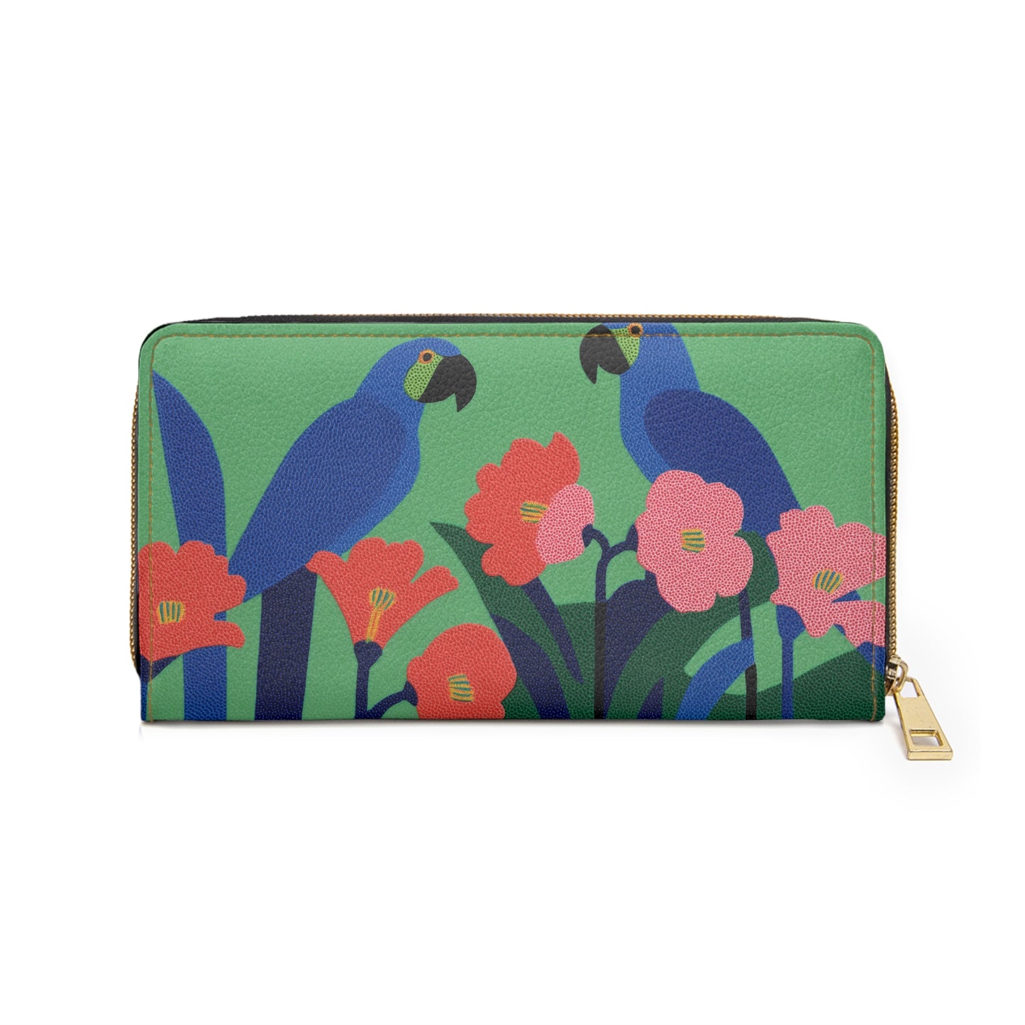 Macaw Parrots Leather Wallet Women, Flowers Bird Vegan Zipper Zip Around Coins Credit Cards Pocket Cash Ladies Female Pouch Clutch Purse