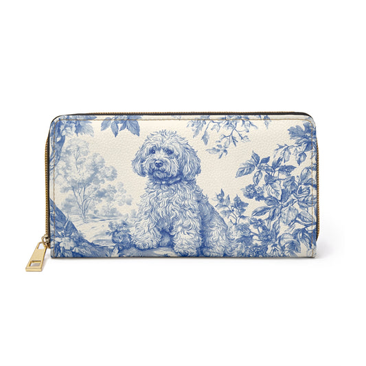 Dog Retro Leather Wallet Women, Toile de Jouy Vintage Poodle Doodle Vegan Zipper Coins Credit Cards Pocket Cash Ladies Pouch Clutch Purse