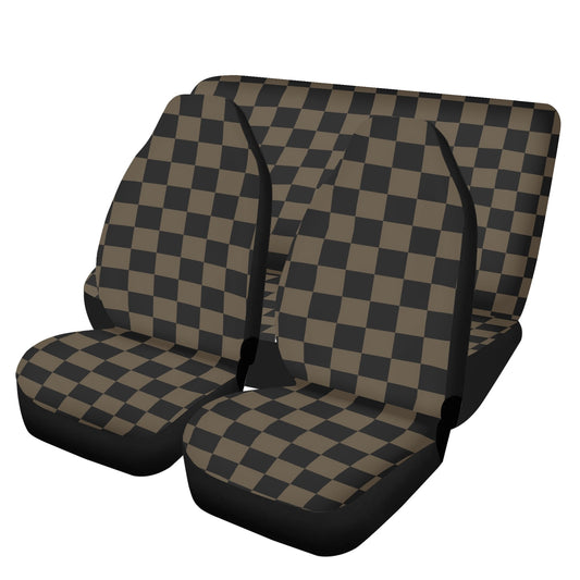 Black Brown Checkered Front Back Car Seat Covers Full Set (4 pcs), Check Auto Dog Pet Vehicle SUV Universal Protector Accessory Men Women