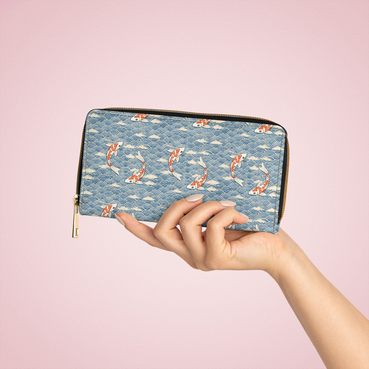Koi Fish Leather Wallet Women, Ocean Japanese Wave Vegan Zipper Zip Around Coins Credit Cards Pocket Cash Ladies Female Pouch Slim Purse