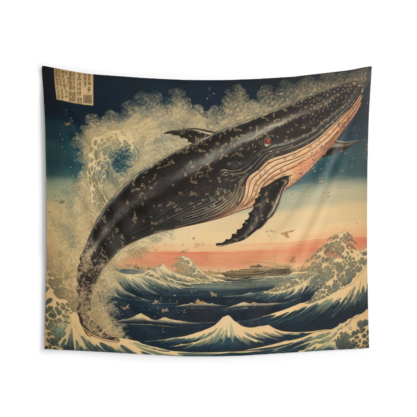 Whale Tapestry, Japanese Ocean Waves Wall Art Hanging Landscape Aesthetic Large Small Decor Bedroom College Dorm Room