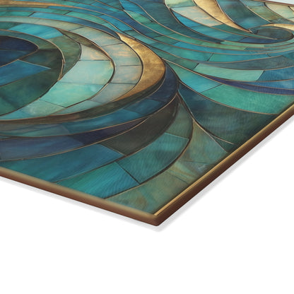 Coastal Stained Glass Cutting Board, Ocean Waves Teal Mosaic Printed Wood Charcuterie Cheese Chopping Tempered Small Large Kitchen