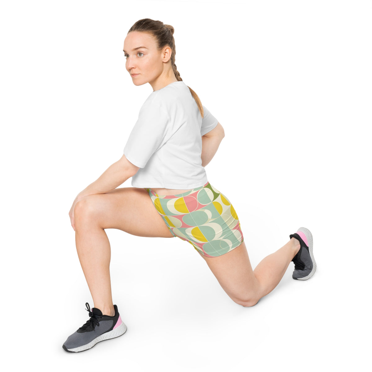 Mid Century Modern Women Shorts, Yellow Retro Colorful Yoga Biker Sport Workout Gym Festival Running Moisture Wicking Ladies Spandex Bottoms