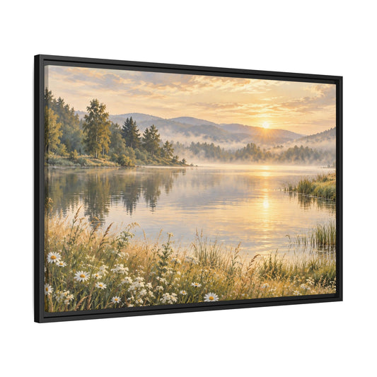 Misty Meadow Lake Wood Framed Canvas, Wildflower Farmhouse Wall Art Print Artwork Decor Small Large Hanging Matte Landscape Square Poster