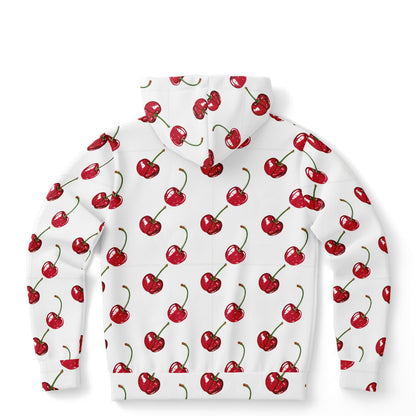 Cherry Hoodie, Red White Fruit Pullover Men Women Adult Aesthetic Graphic Cotton Hooded Sweatshirt with Pockets Designer Plus Size