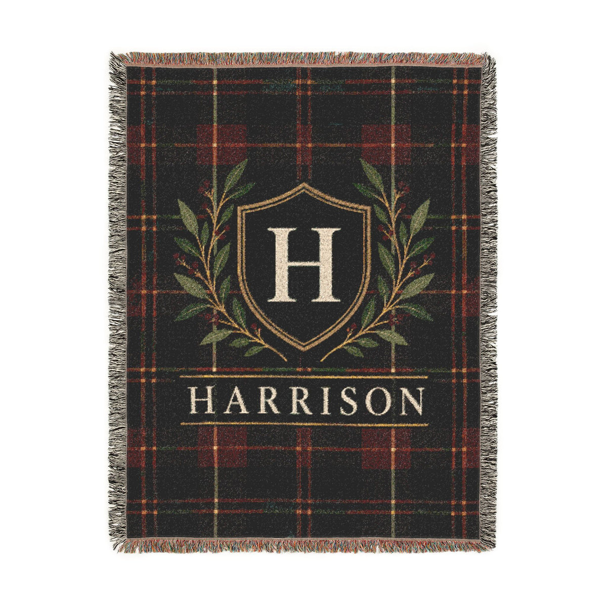 Custom Family Name Woven Throw Blanket Tapestry, Plaid Holiday Christmas Personalized Cotton Fringe Adult Kids Small Large Bed 50x60 Hanging