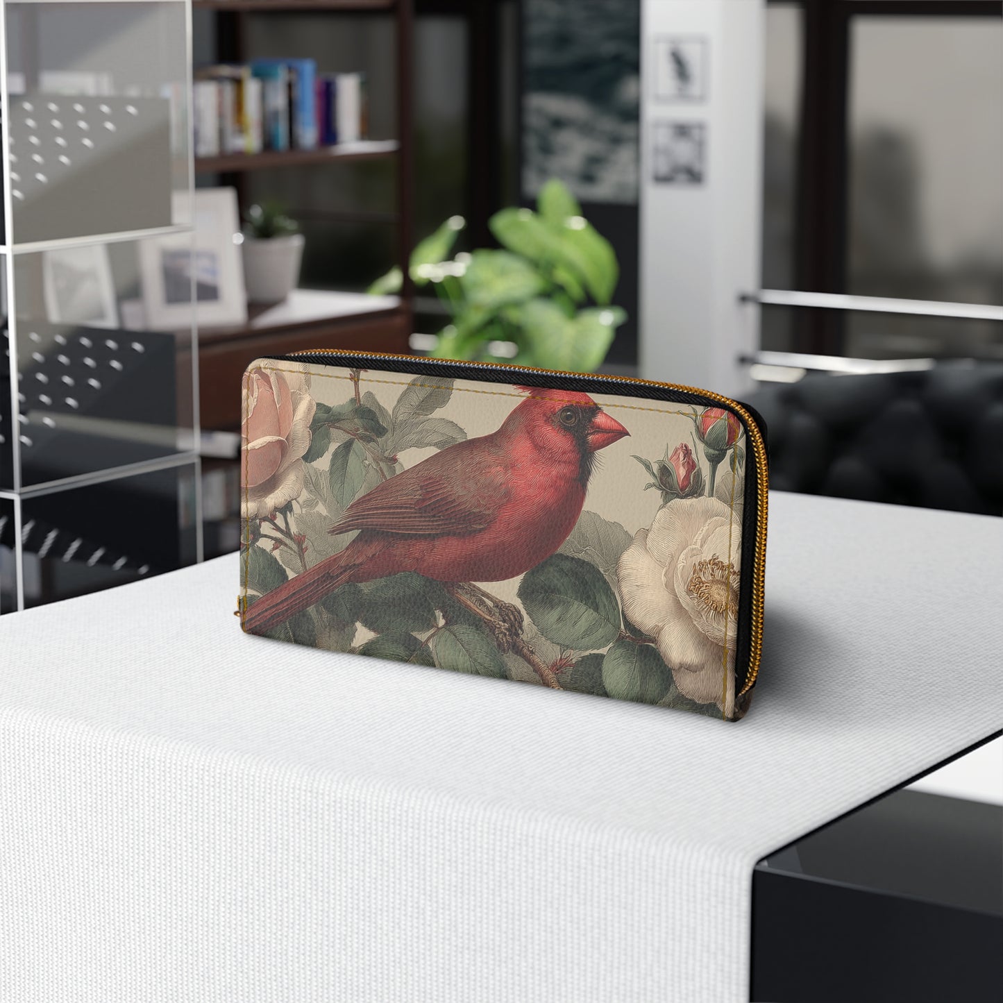 Cardinal Leather Wallet Women, Bird Roses Flowers Vegan Zipper Zip Around Coins Credit Cards Pocket Cash Ladies Pouch Slim Clutch Purse