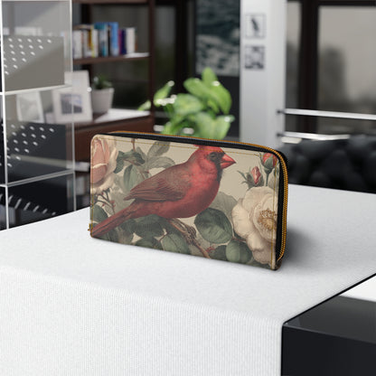 Cardinal Leather Wallet Women, Bird Roses Flowers Vegan Zipper Zip Around Coins Credit Cards Pocket Cash Ladies Pouch Slim Clutch Purse