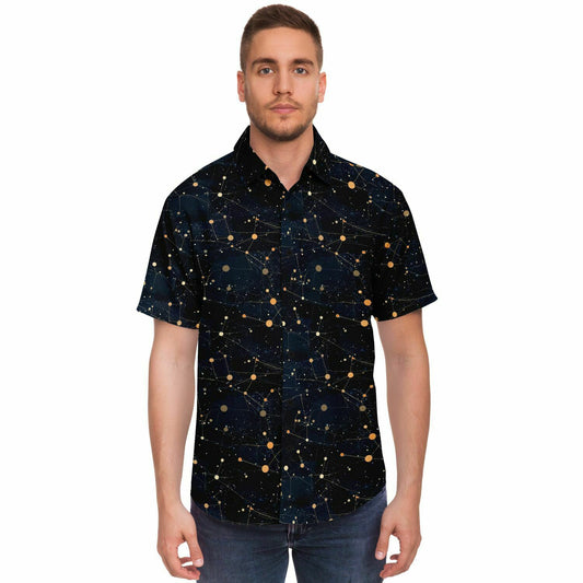 Constellation Short Sleeve Men Button Up Shirt, Space Stars Universe Print Casual Buttoned Down Summer Collared Dress Shirt Starcove Fashion