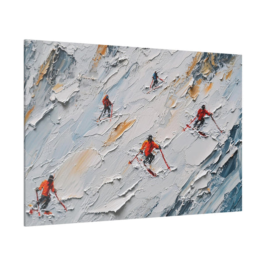 Skiers Mountain Canvas Wall Art, Winter Scene Ski Snow Printed Oil Painting Wrapped Small Large Big Gallery Artwork Living Room Hanging