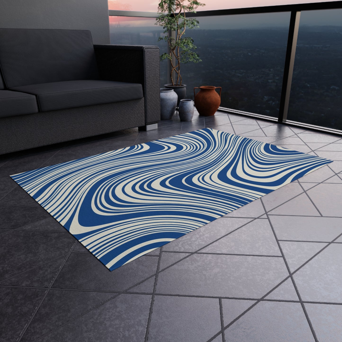 Blue Wavy Outdoor Area Rug, Geometric Modern Waterproof Patio Porch Exterior Durable Carpet Small Large 2x3 4x6 3x5 5x7 8x10 Camping Mat