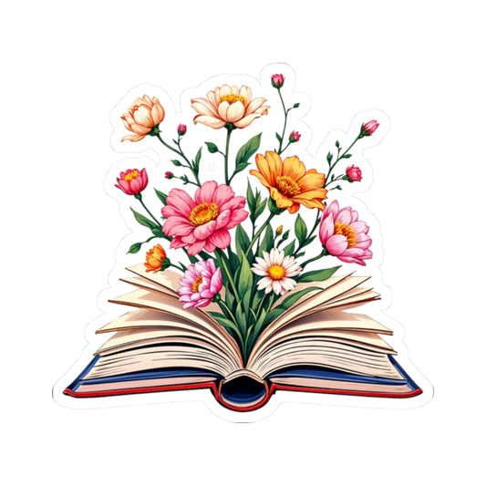 Floral Open Book Sticker Decal, Flowers Reading Library Art Vinyl Laptop Cute Waterbottle Tumbler Car Waterproof Bumper Clear Die Cut Wall