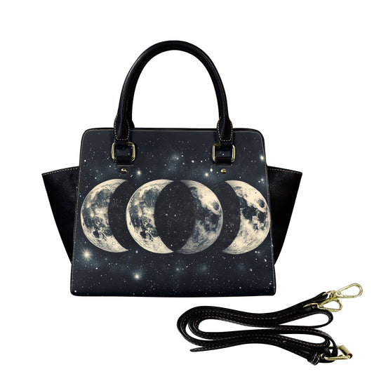 Moon Phases Celestial Leather Purse Handbag, Stars Space Vintage Designer Women Ladies Satchel Top Zip Handle Black Bag Shoulder Strap - Starcove Fashion
